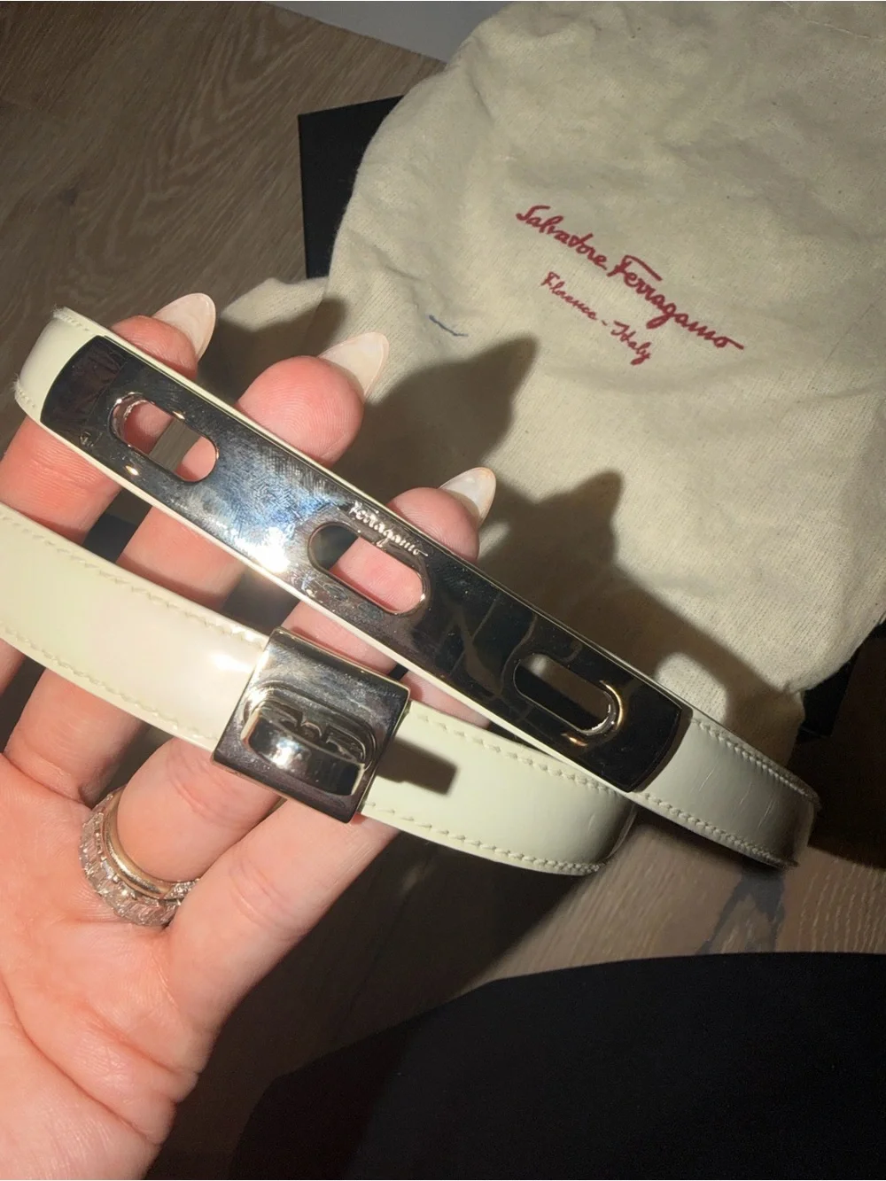 Salvatore Ferragamo Cream Patent Leather Belt with Silver Hardware